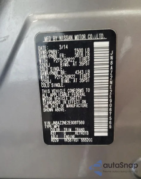 2014 Infiniti Qx80 z USA, uszkodzony, nr VIN JN8AZ2NE2E9067569